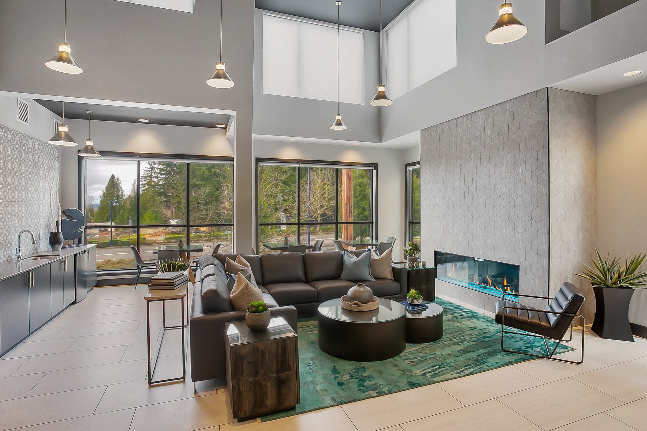 a rendering of a living room with couches and a fireplace